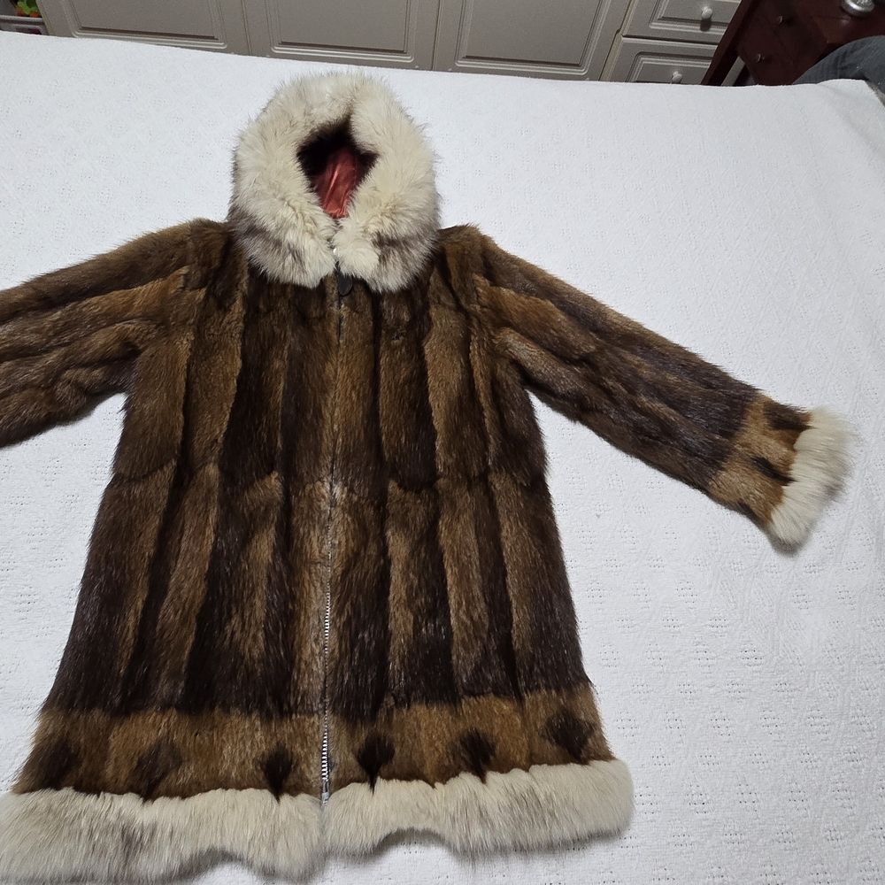 Muskrat Satin Lined Coat with Fox Fur Trim And Hood. #3